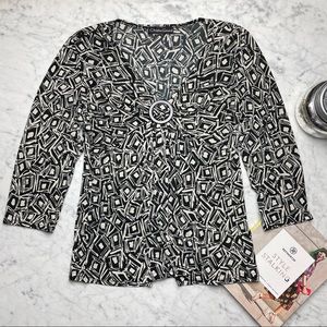Christine Gerard 3/4 Sleeve Printed V-Neck Blouse